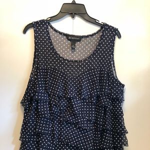 INC navy and white polka dot ruffle top